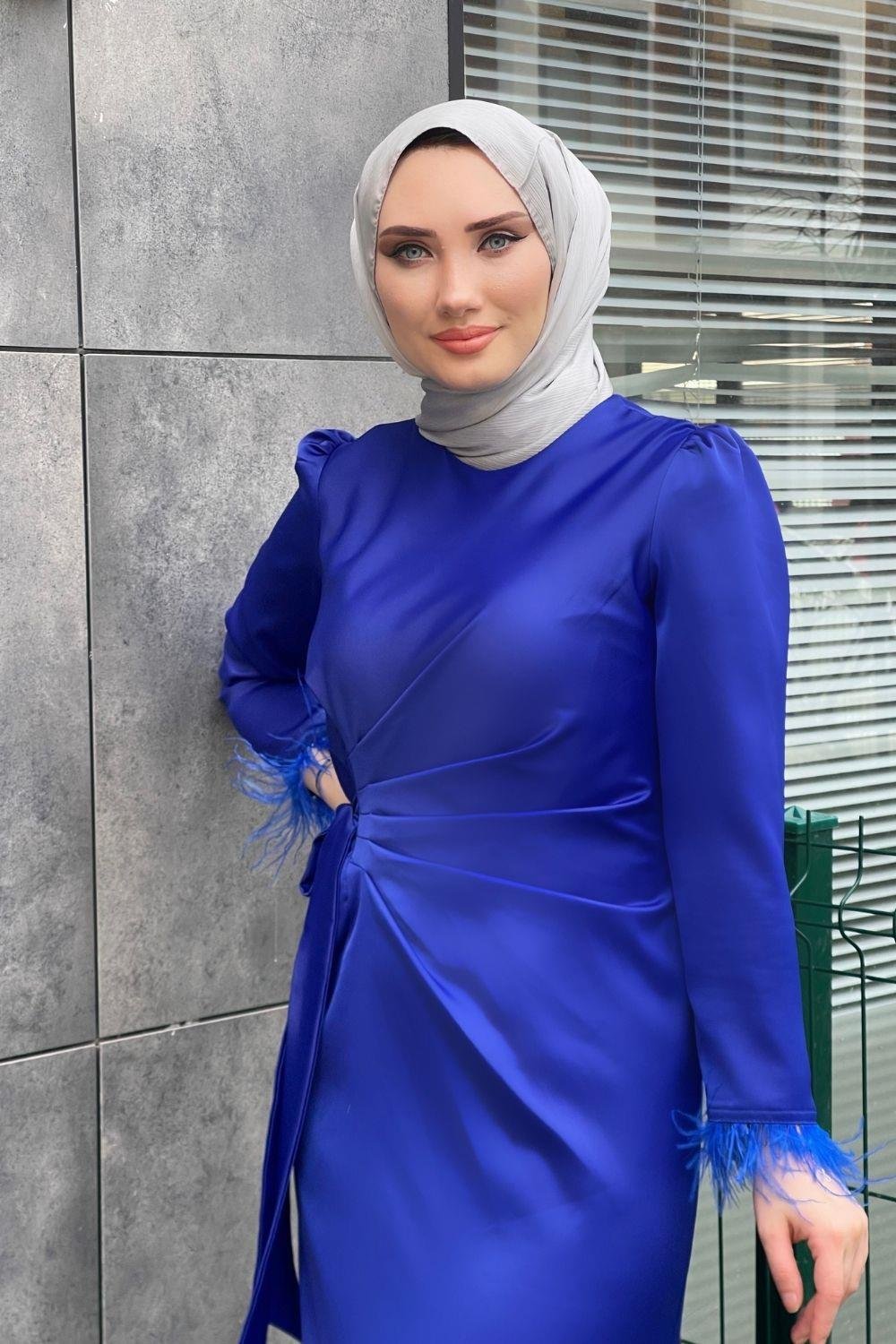 Kol Saçaklı Saten Abiye Saks 47450 