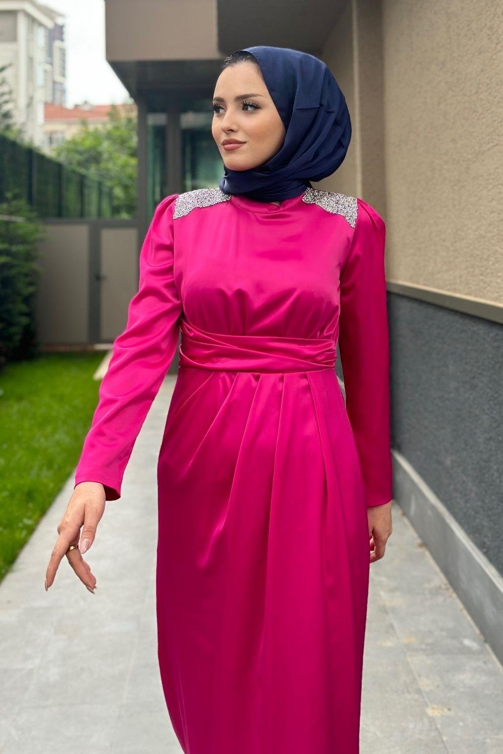 Roba Taşlı Saten Abiye Fuşya 4749 
