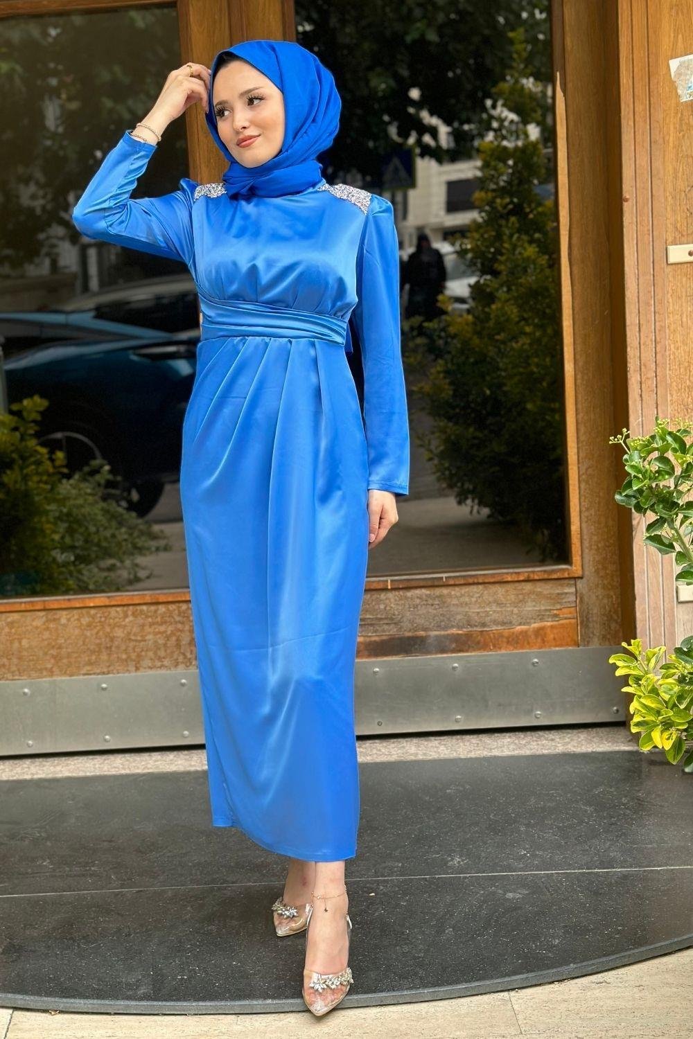 Roba Taşlı Saten Abiye İndigo 4749 