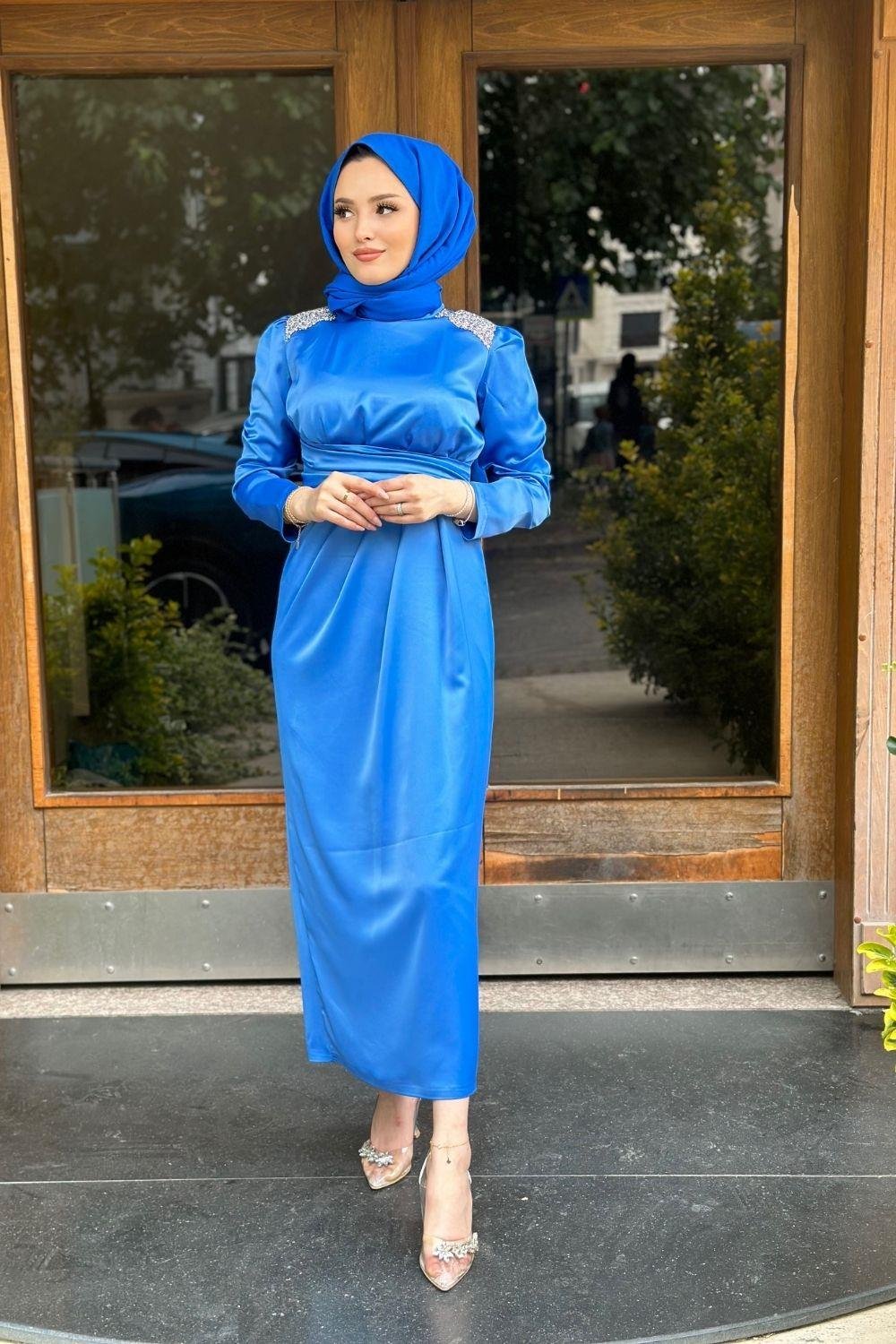 Roba Taşlı Saten Abiye İndigo 4749 