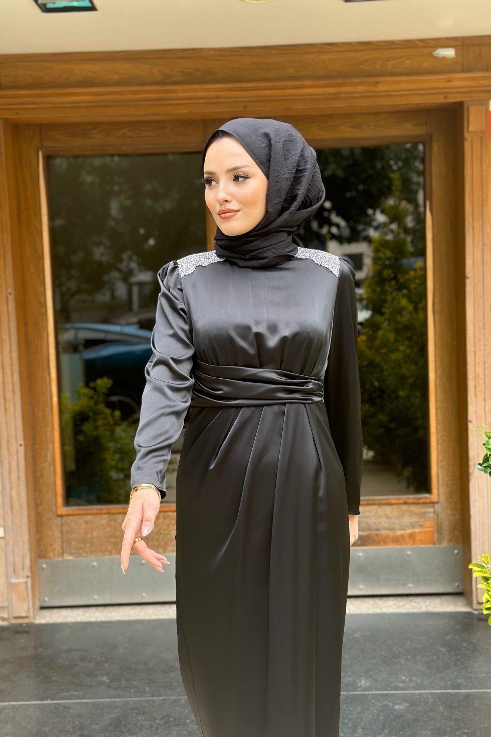 Roba Taşlı Saten Abiye Siyah 4749 
