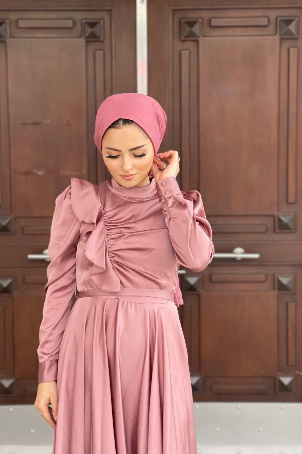 Gögüs Drape Saten Abiye Gül Kurusu 4754 