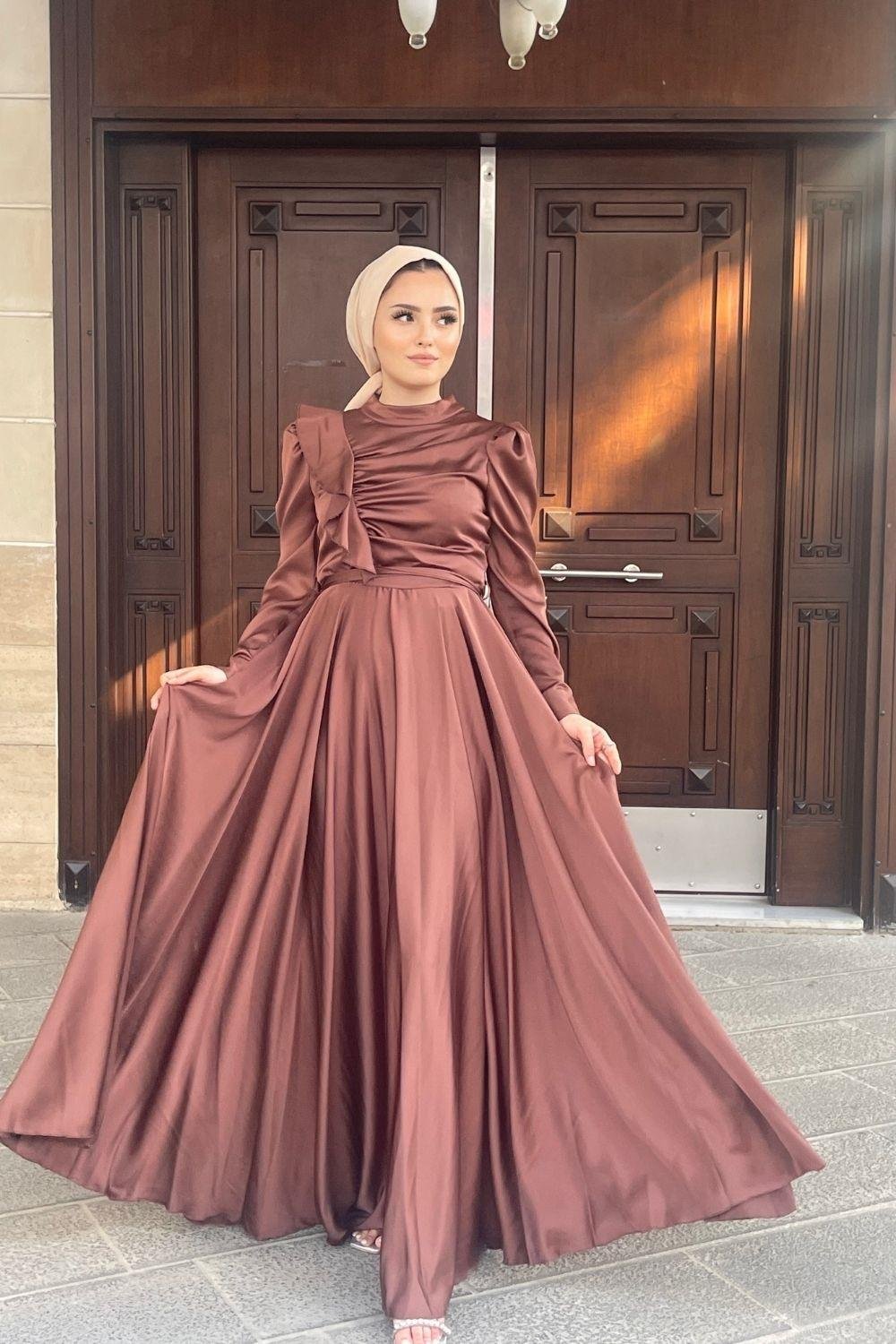 Gögüs Drape Saten Abiye Kahverengi 4754 