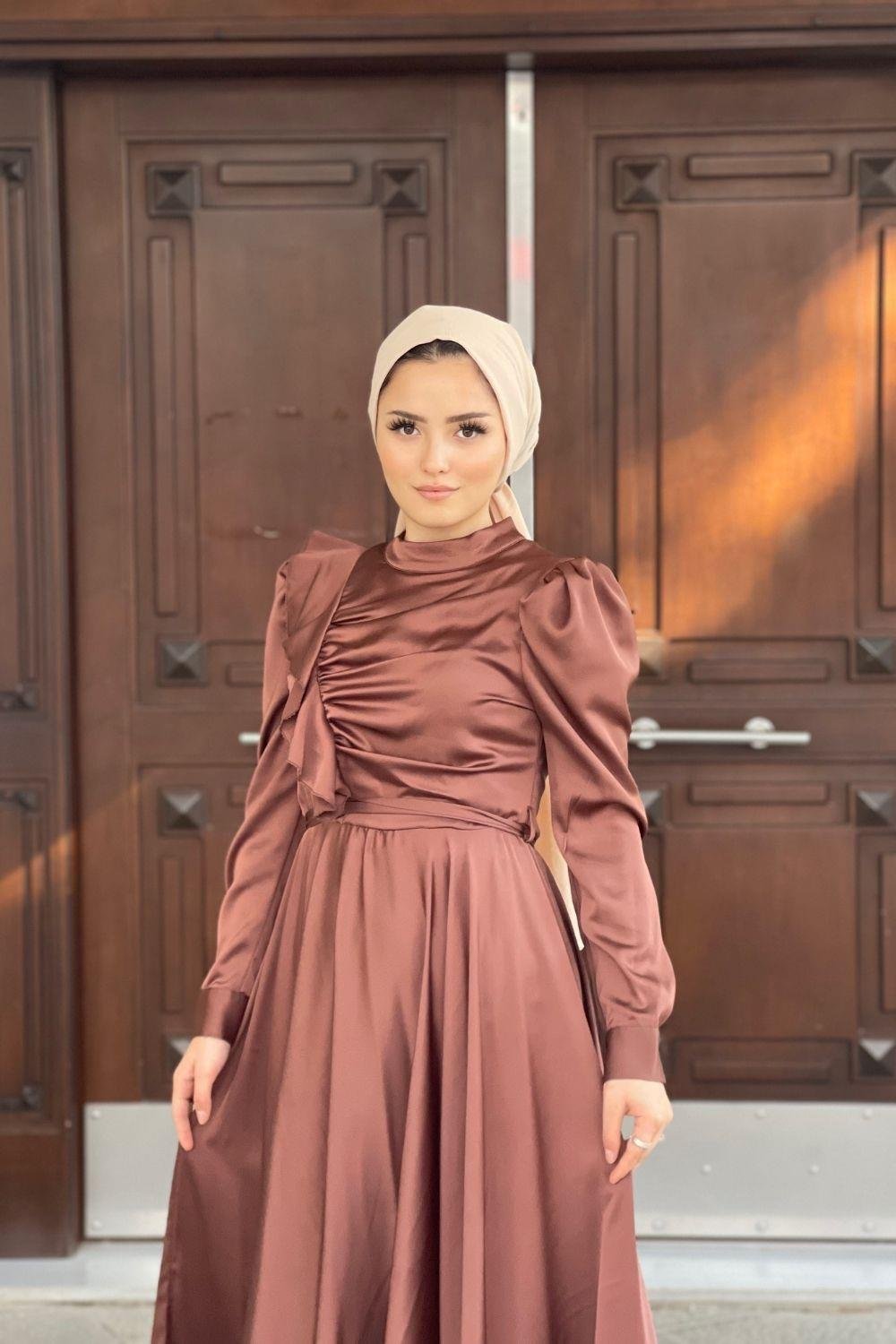 Gögüs Drape Saten Abiye Kahverengi 4754 