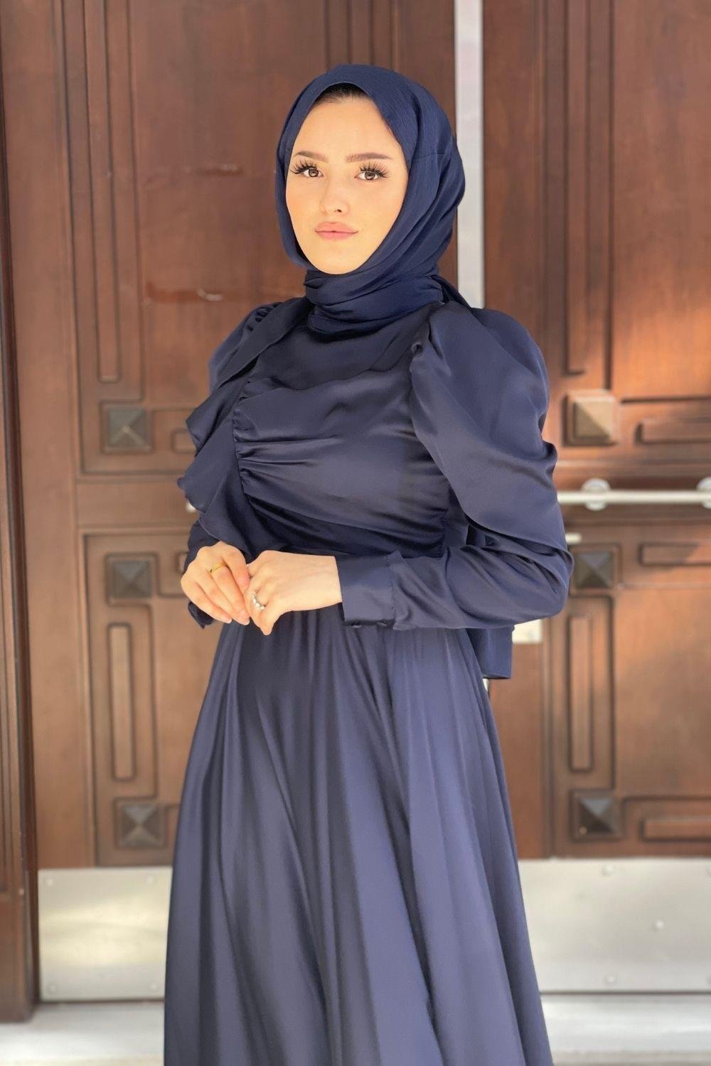 Gögüs Drape Saten Abiye Lacivert 4754 