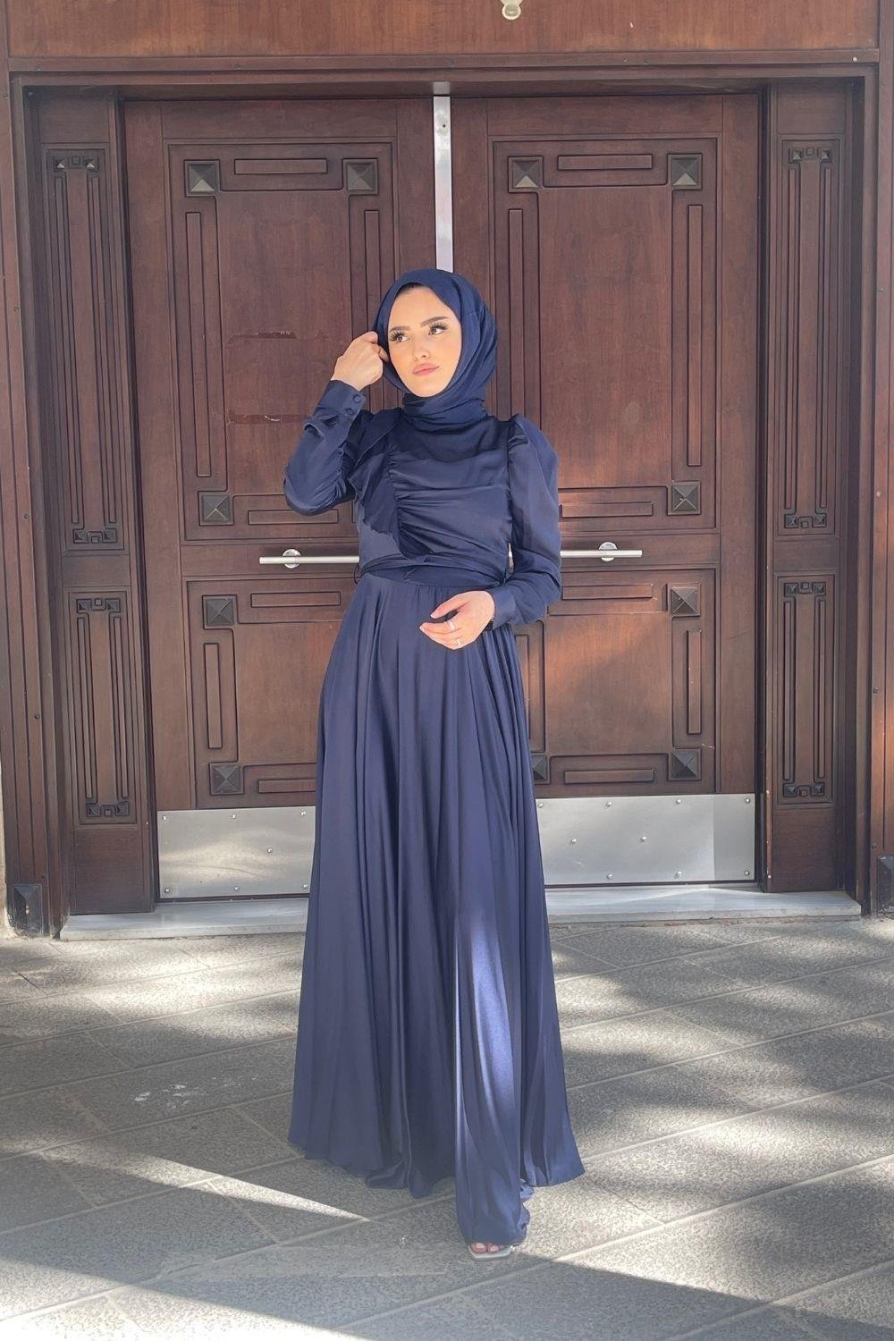 Gögüs Drape Saten Abiye Lacivert 4754 