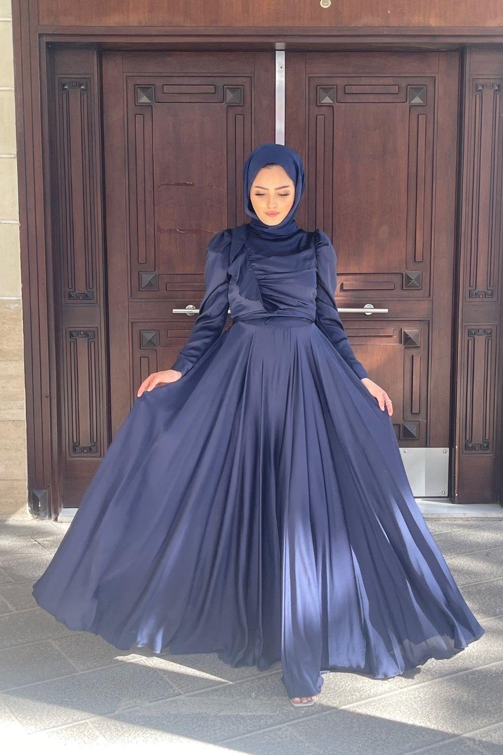 Gögüs Drape Saten Abiye Lacivert 4754 