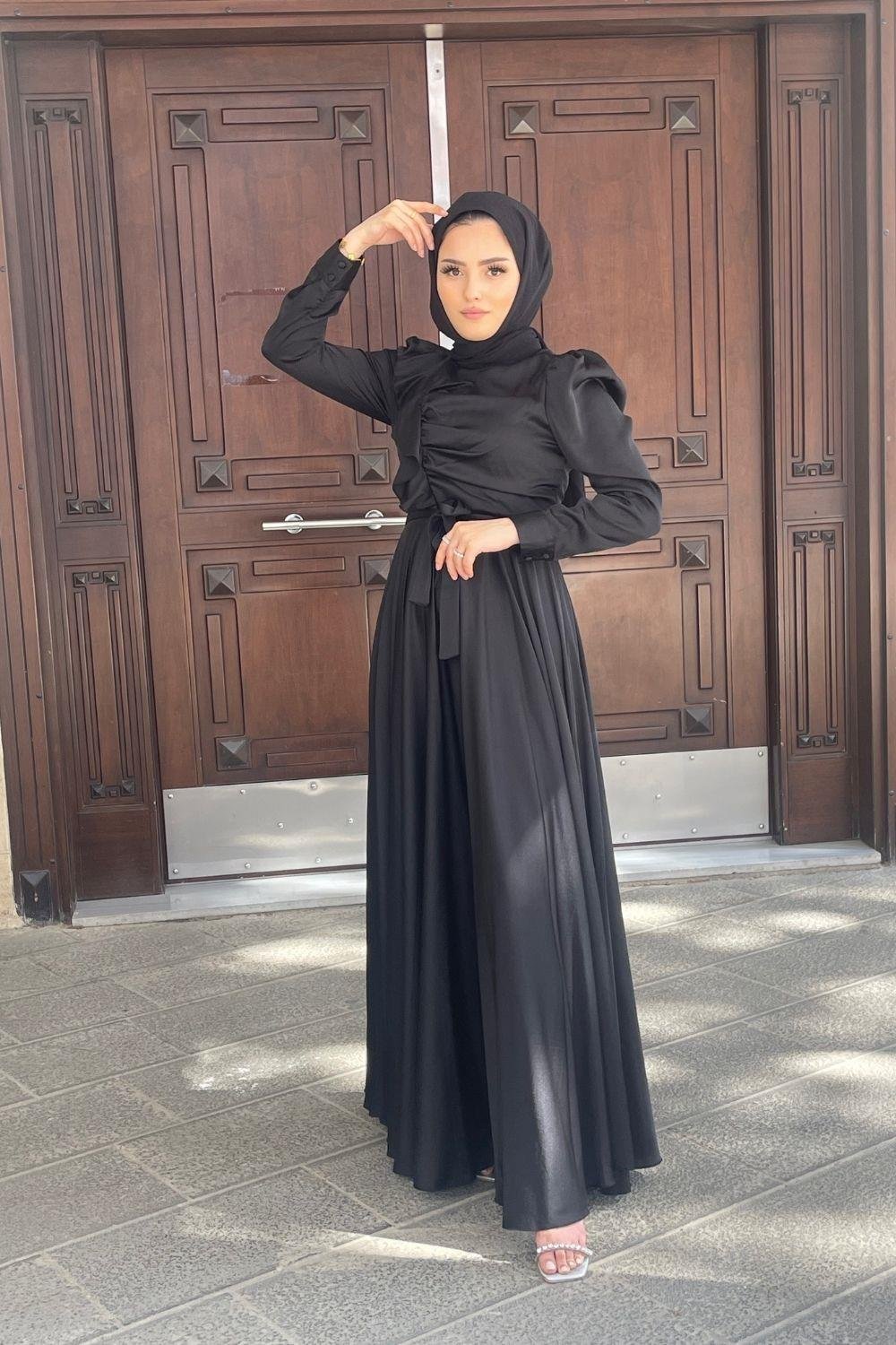 Gögüs Drape Saten Abiye Siyah 4754 