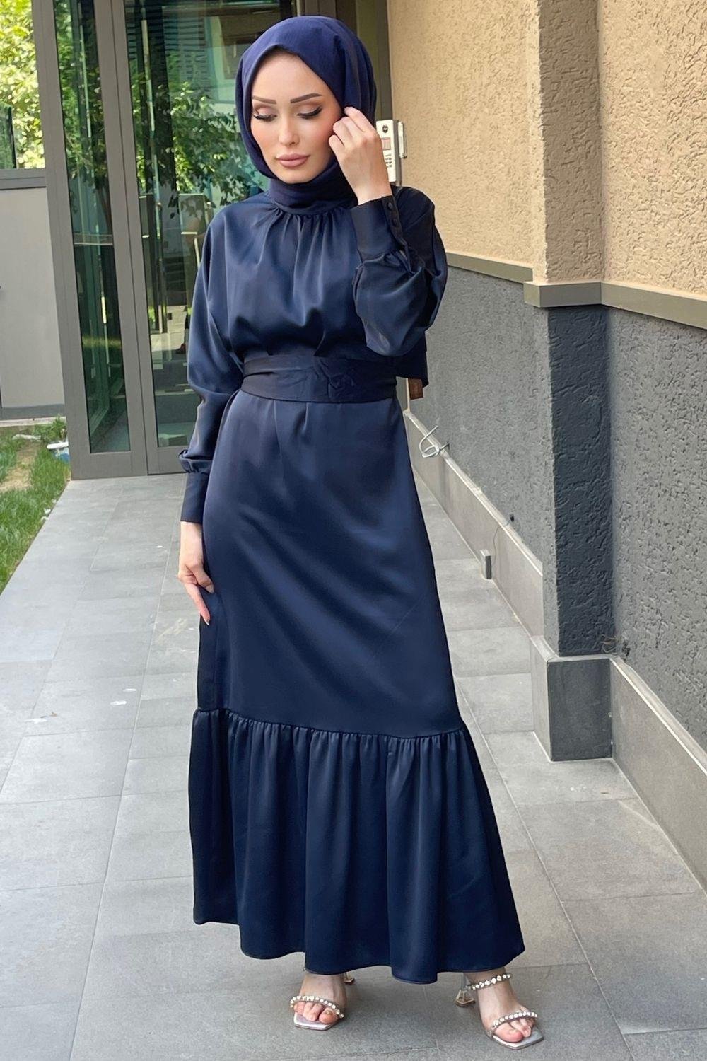 Eteği Volanlı Saten Abiye Lacivert 4786 