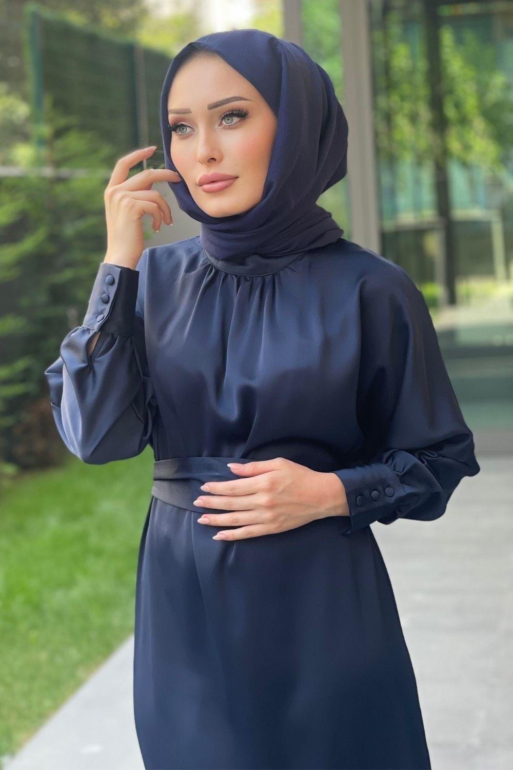 Eteği Volanlı Saten Abiye Lacivert 4786 