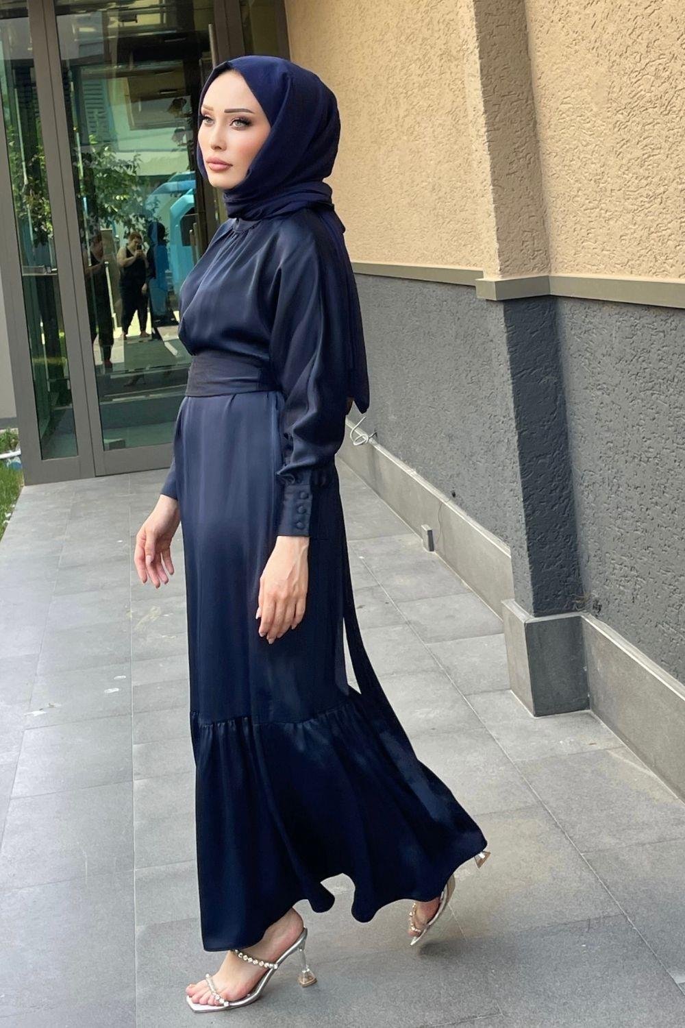 Eteği Volanlı Saten Abiye Lacivert 4786 