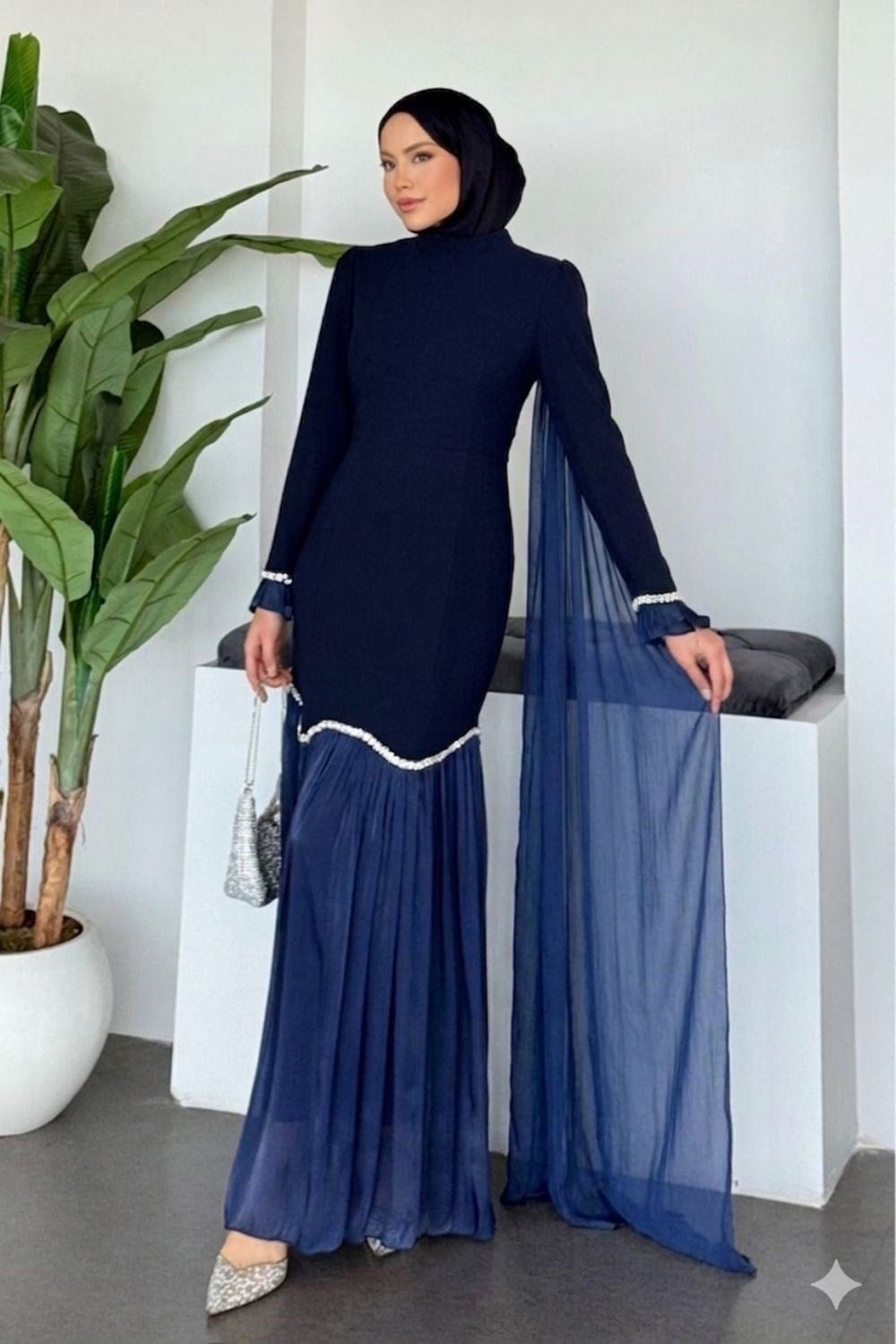 Elegan Pelerinli Abiye Lacivert 48580 