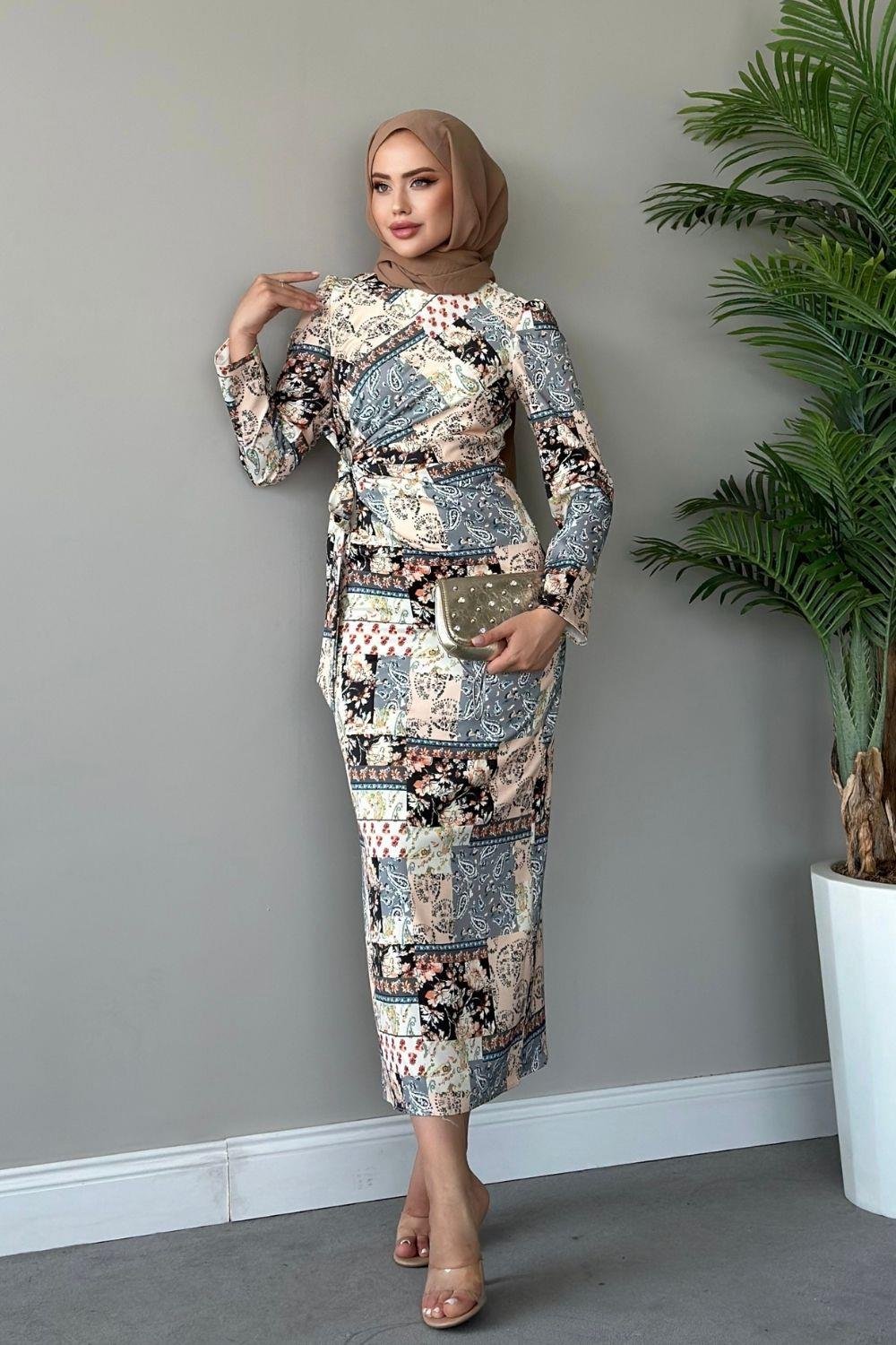 Çilen Desenli Elbise Füme 4916 