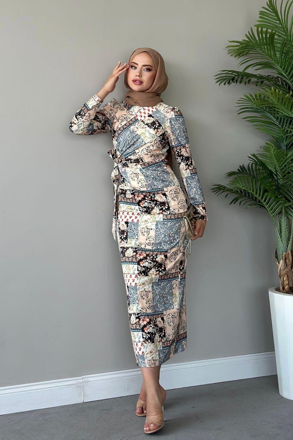 Çilen Desenli Elbise Füme 4916 