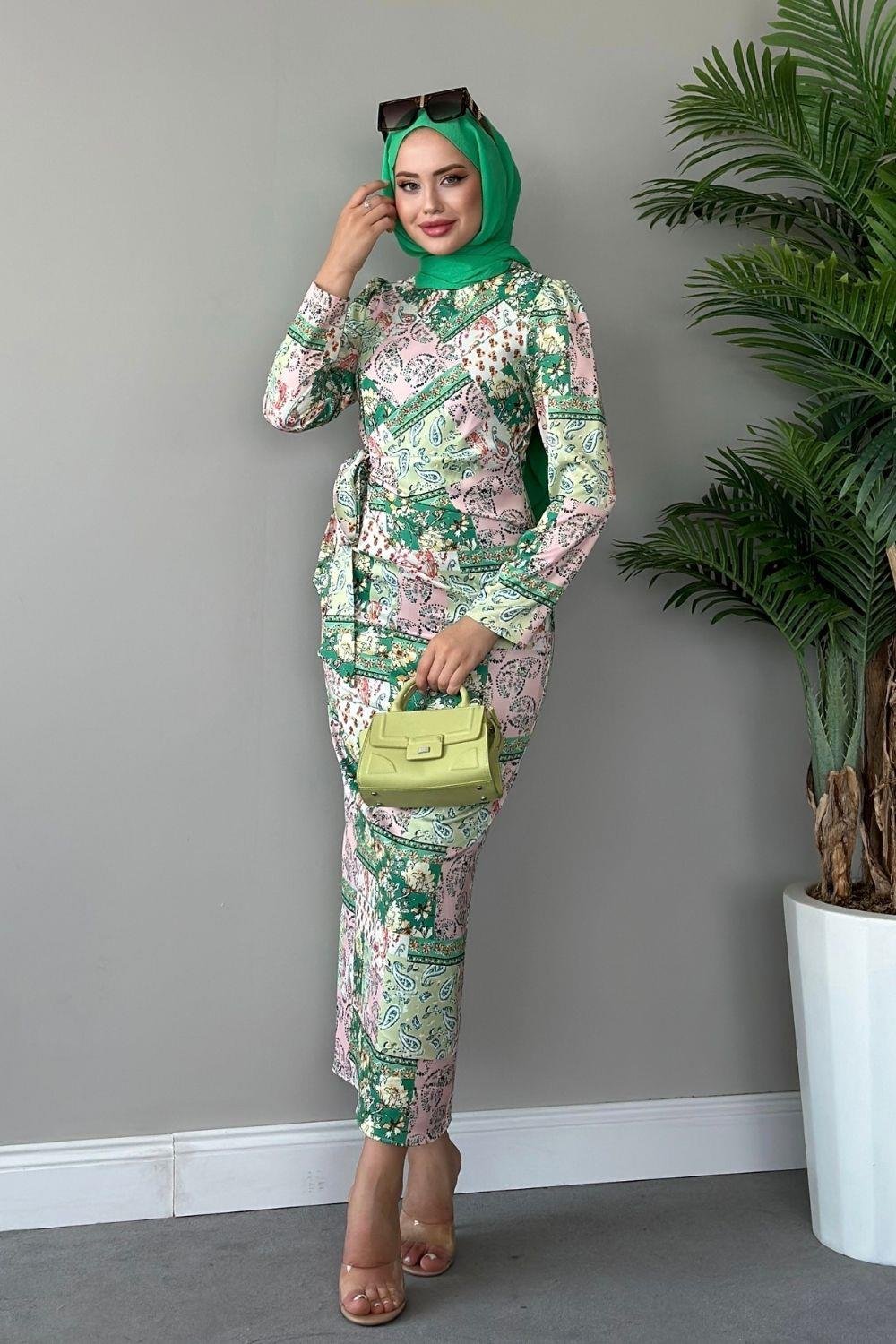 Çilen Desenli Elbise Yeşil 4916 