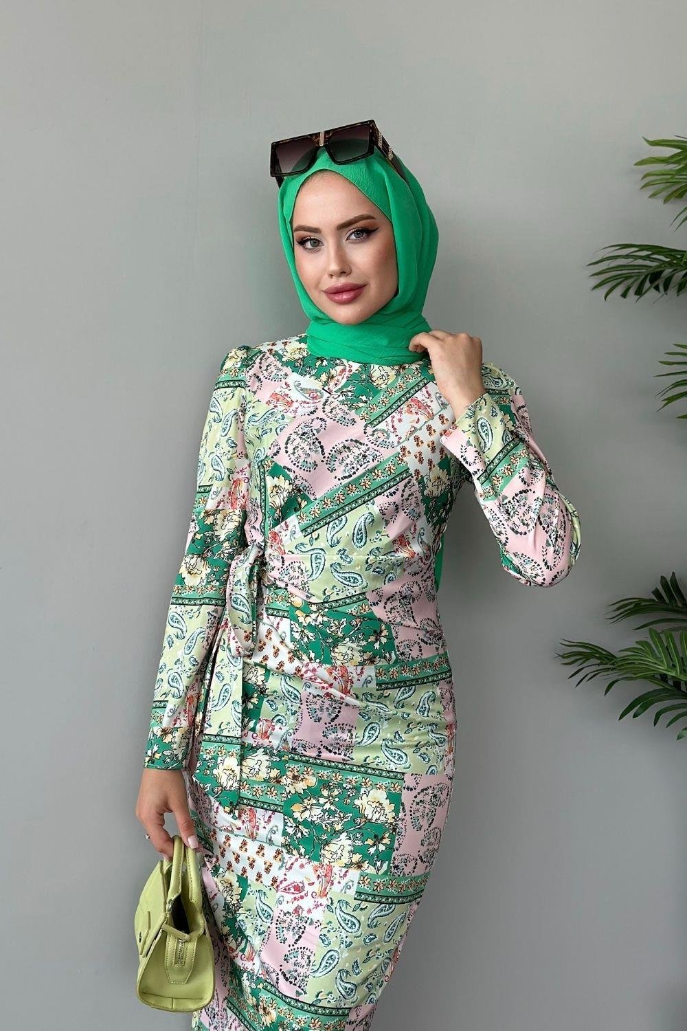 Çilen Desenli Elbise Yeşil 4916 