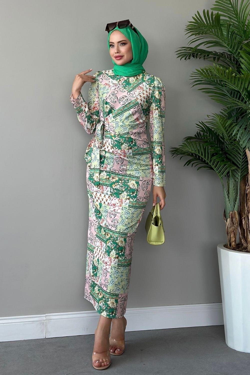 Çilen Desenli Elbise Yeşil 4916 