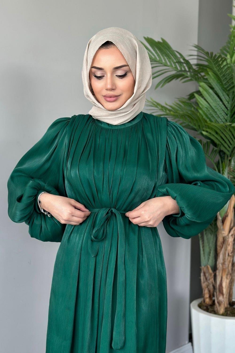 Kol Balon Simli Abiye Yeşil 4921 