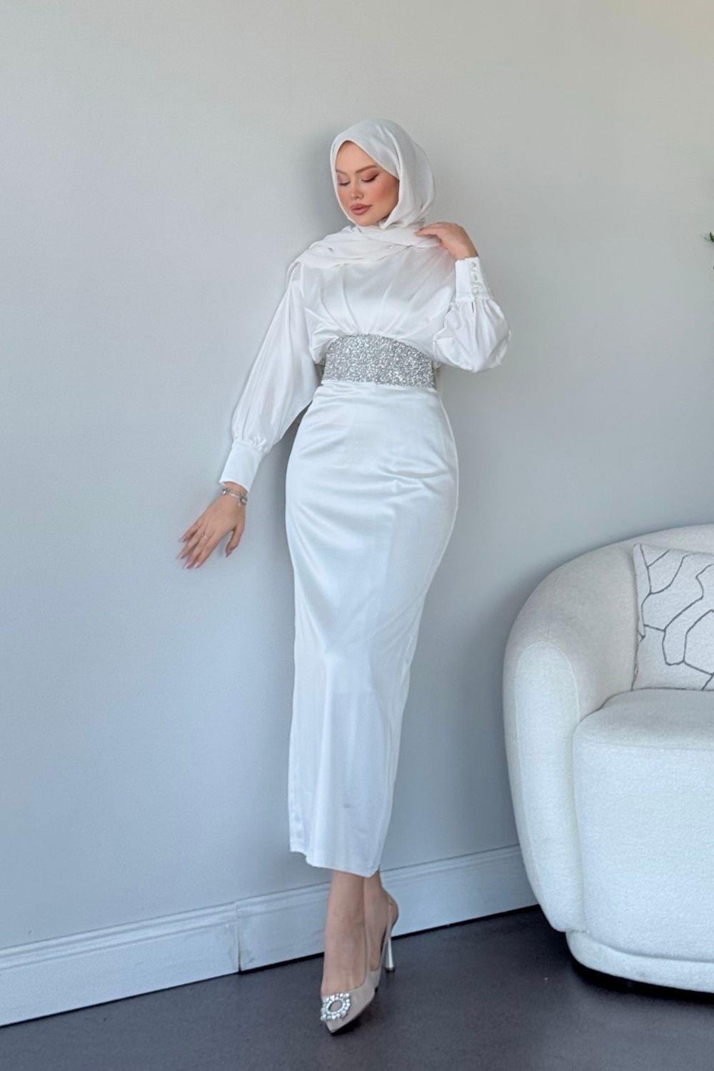 Bade Saten Abiye Beyaz 4930 