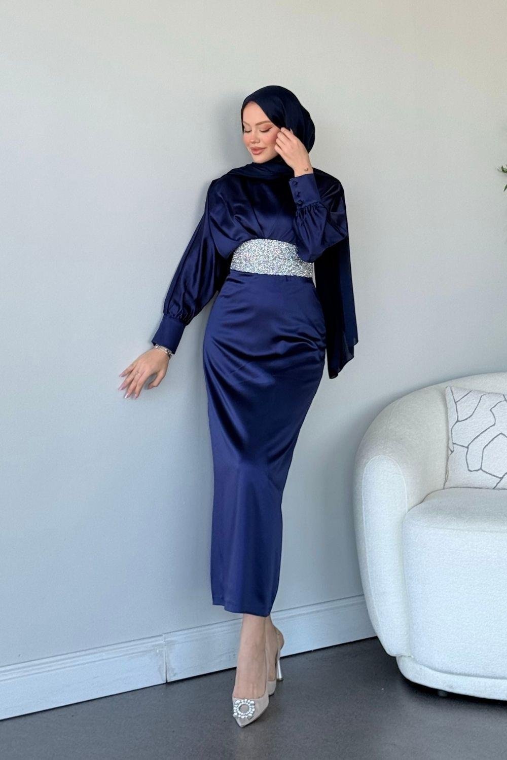 Bade Saten Abiye Lacivert 4930 