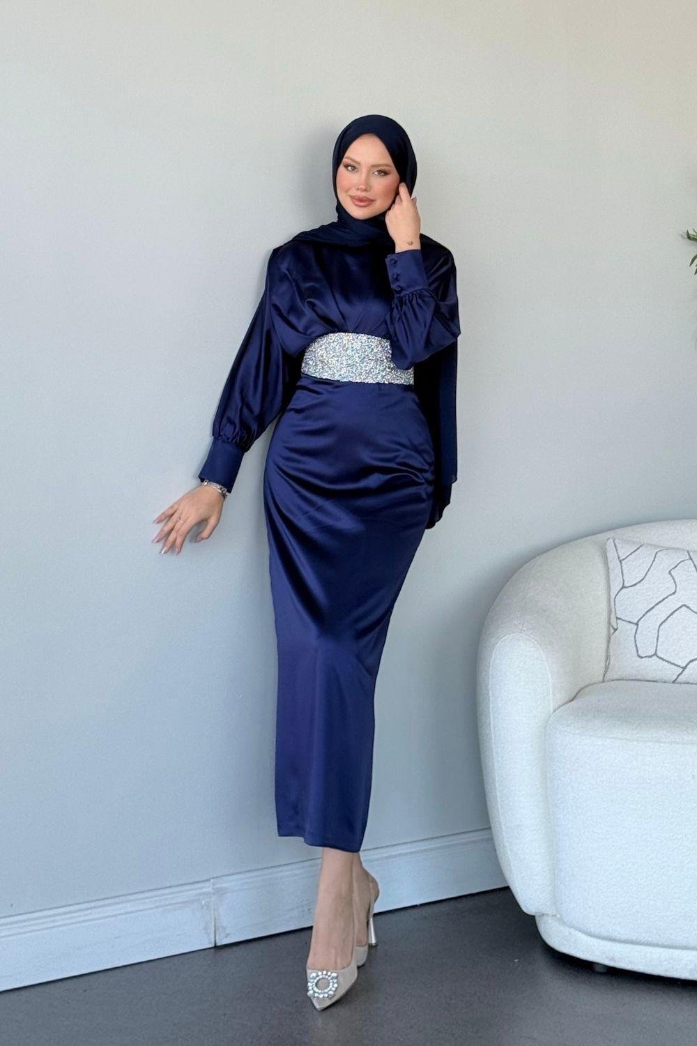 Bade Saten Abiye Lacivert 4930 