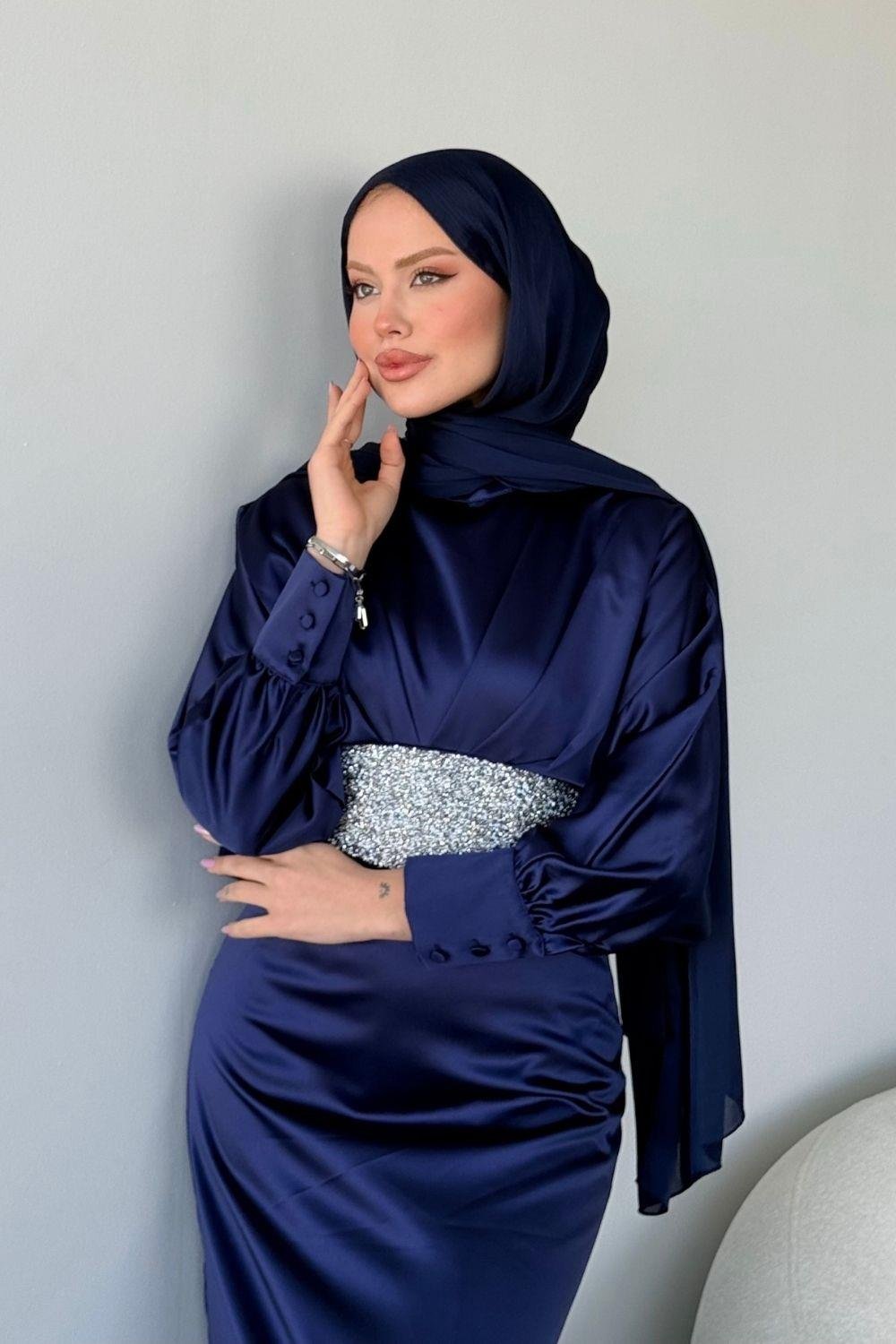 Bade Saten Abiye Lacivert 4930 