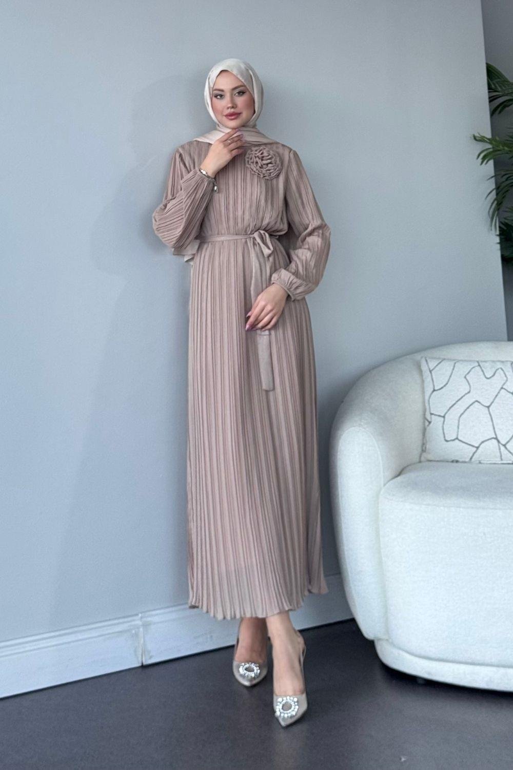 Gögsü Çiçekli Şifon Abiye Bej 4975 