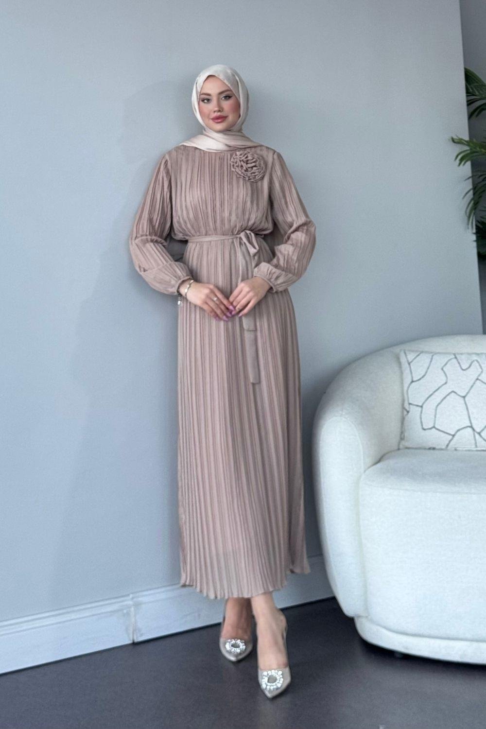 Gögsü Çiçekli Şifon Abiye Bej 4975 