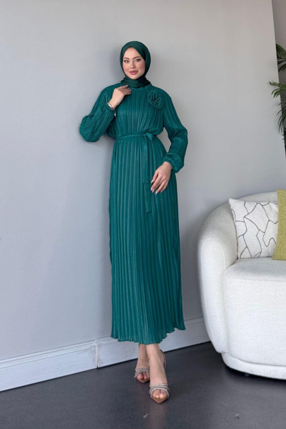 Gögsü Çiçekli Şifon Abiye Zümrüt 4975 