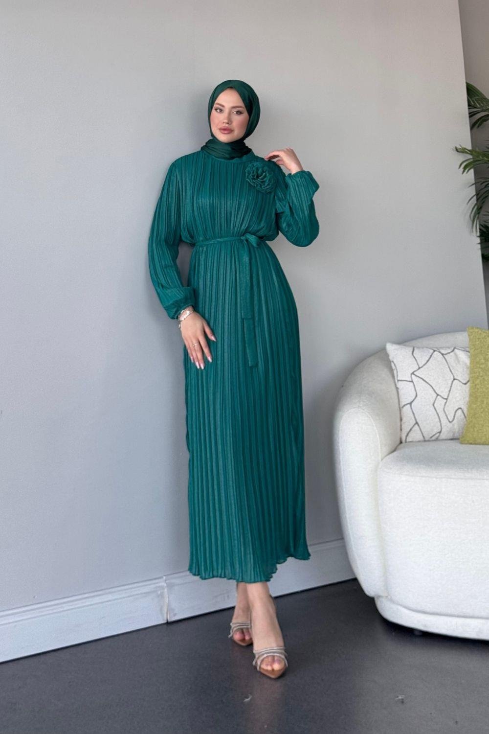 Gögsü Çiçekli Şifon Abiye Zümrüt 4975 