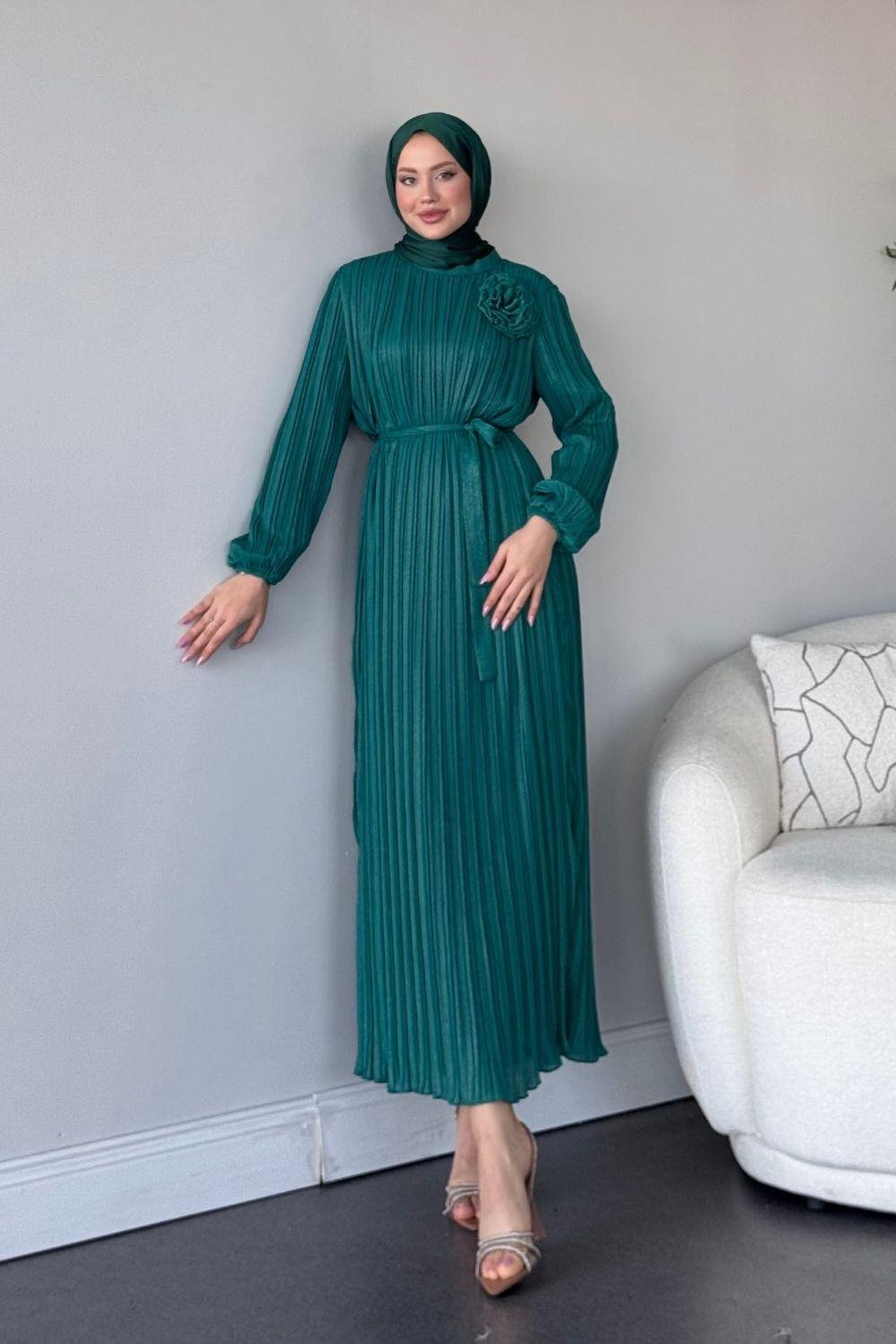 Gögsü Çiçekli Şifon Abiye Zümrüt 4975 