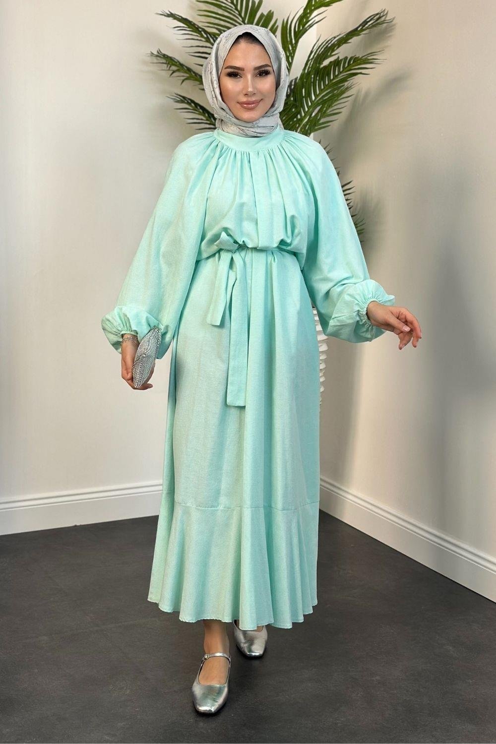 Kendinden İşlemeli Pamuk Elbise Mint 5012 