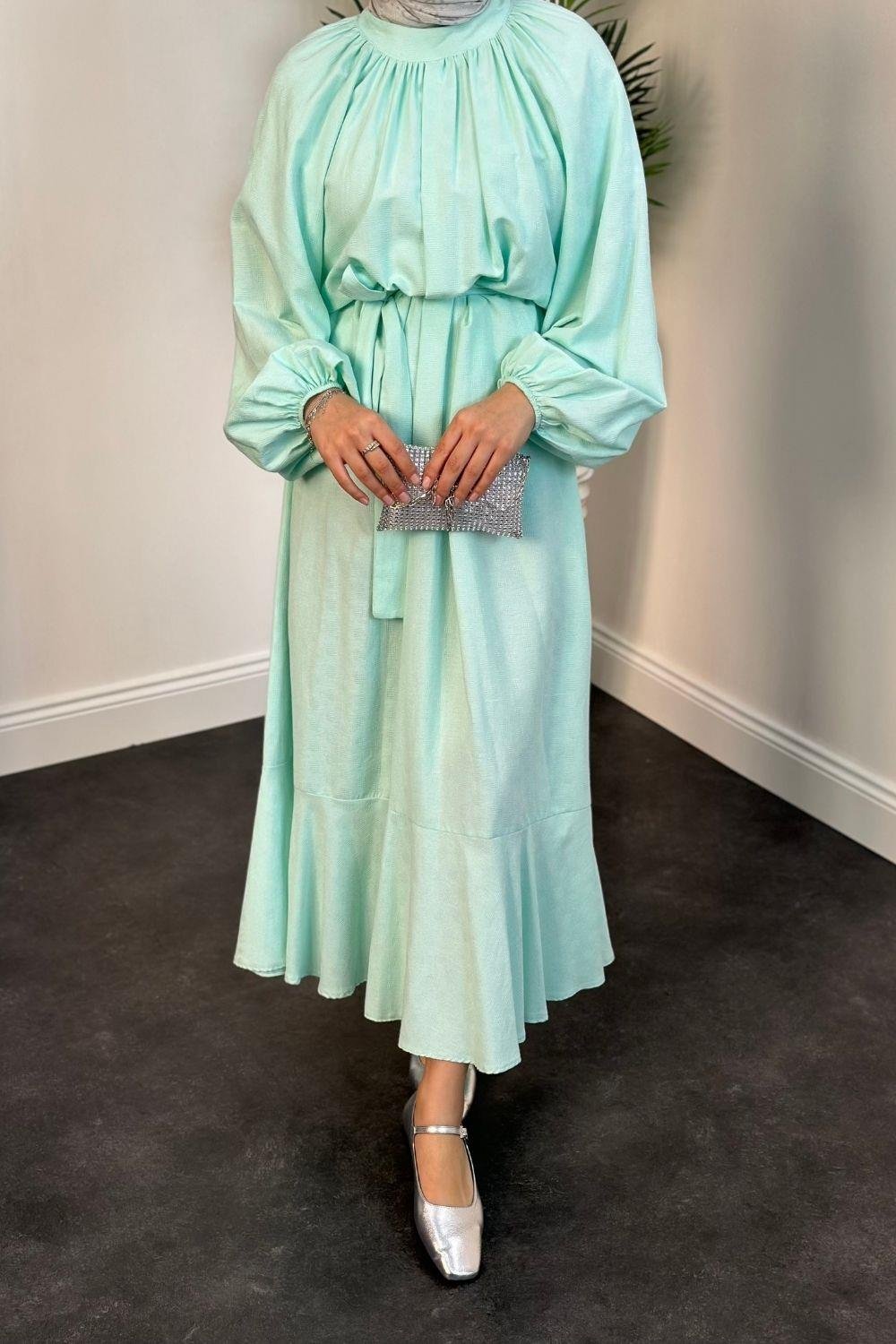 Kendinden İşlemeli Pamuk Elbise Mint 5012 