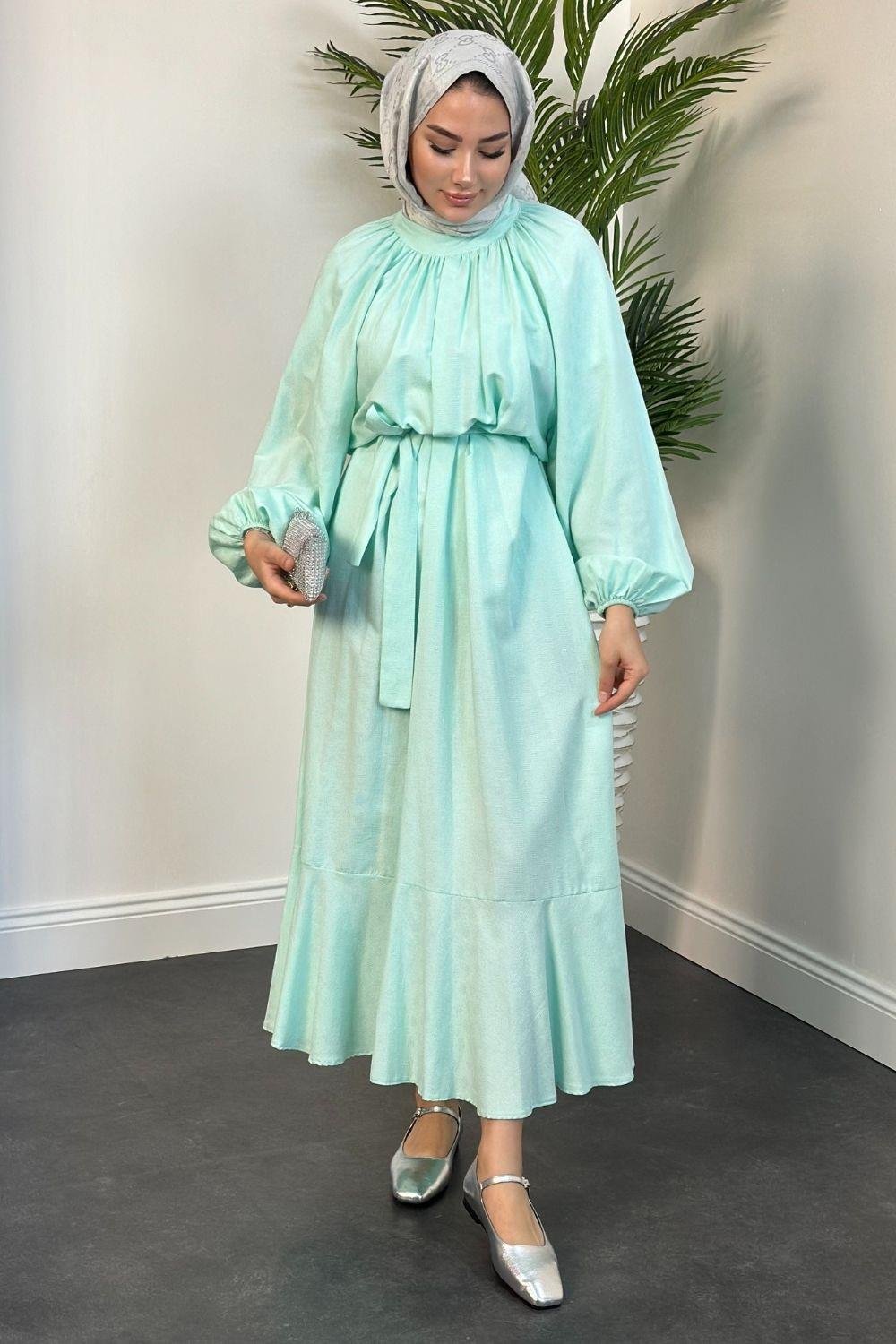 Kendinden İşlemeli Pamuk Elbise Mint 5012 