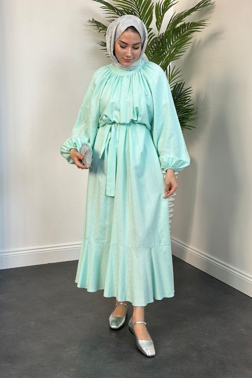 Kendinden İşlemeli Pamuk Elbise Mint 5012 