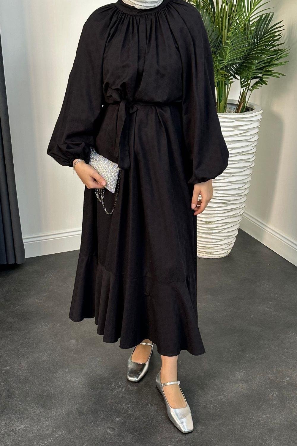 Kendinden İşlemeli Pamuk Elbise Siyah 5012 