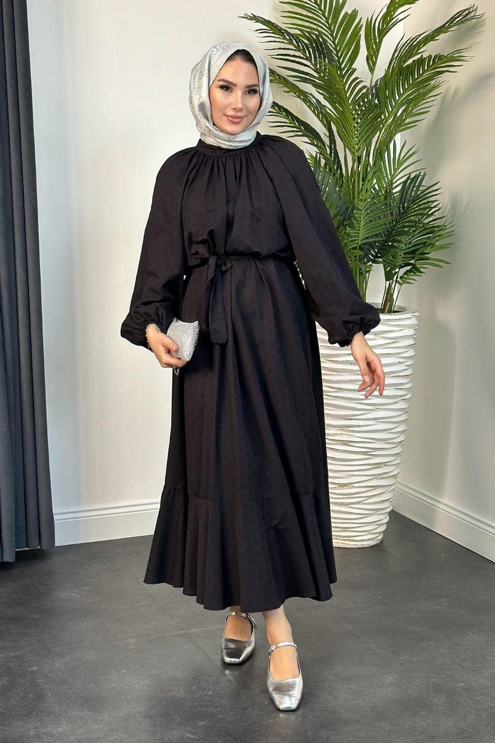 Kendinden İşlemeli Pamuk Elbise Siyah 5012 