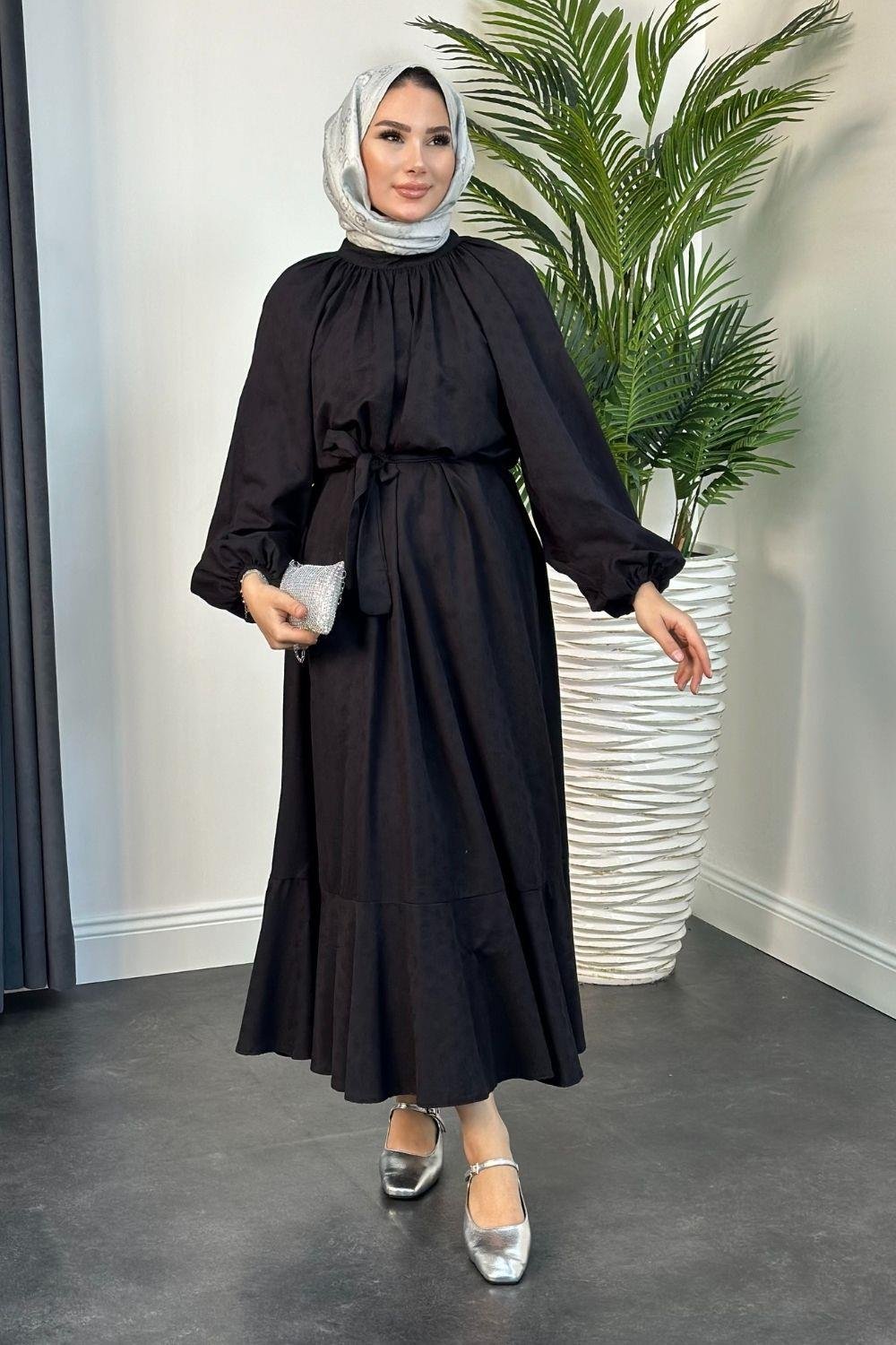 Kendinden İşlemeli Pamuk Elbise Siyah 5012 