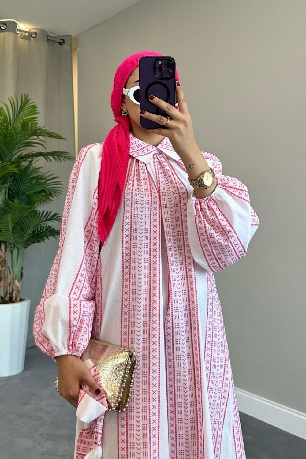 Kilim Desen Keten Elbise Pembe 50148 