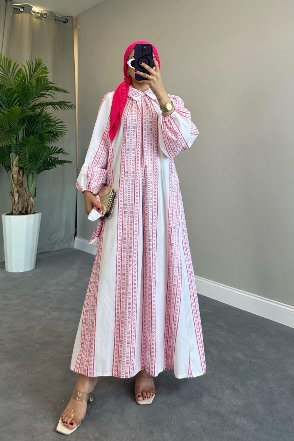 Kilim Desen Keten Elbise Pembe 50148 
