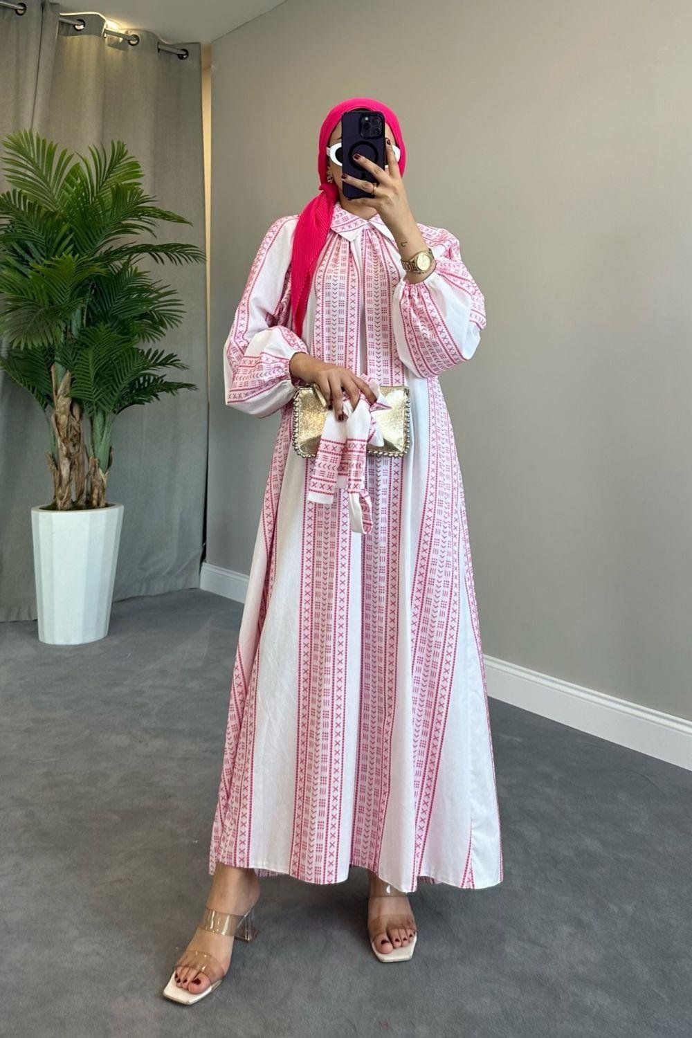 Kilim Desen Keten Elbise Pembe 50148 