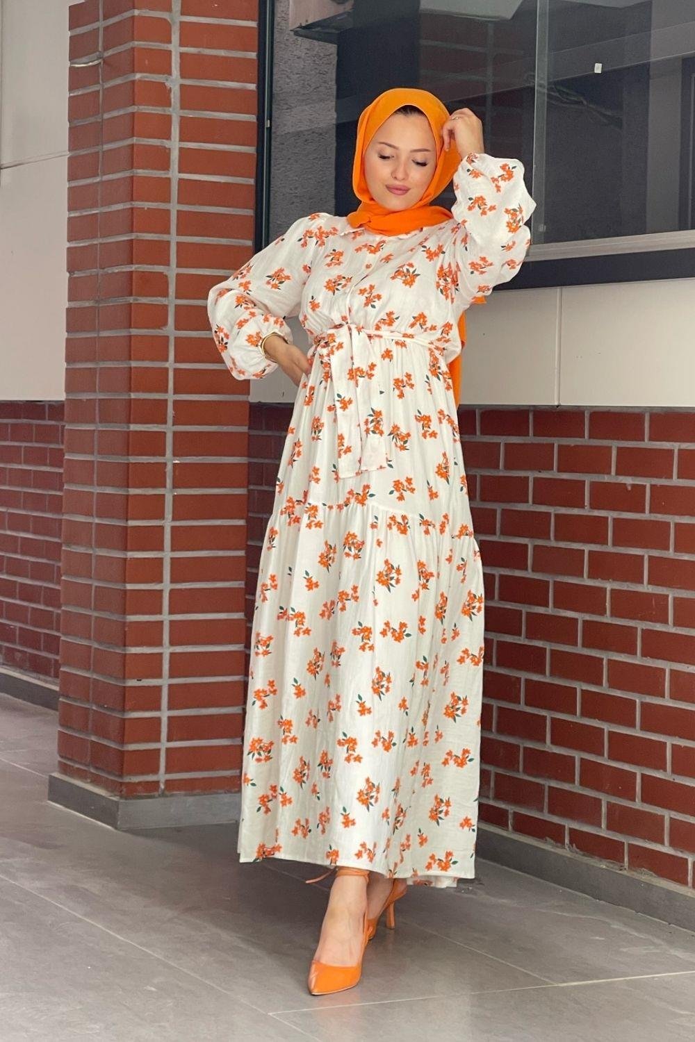 Papatya Desenli Elbise Turuncu 5017 