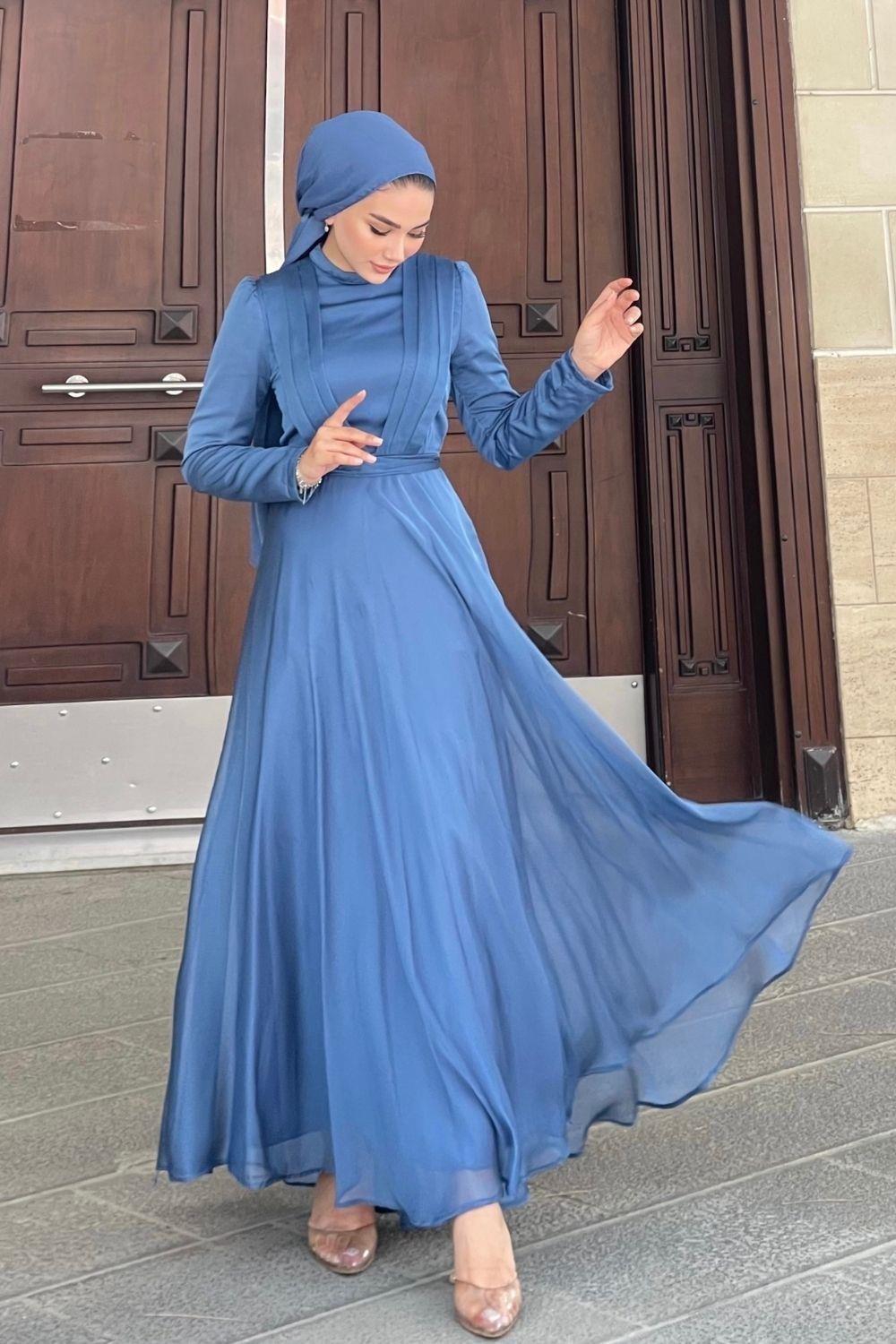 Çift Drapeli Janjan Abiye İndigo 5025 