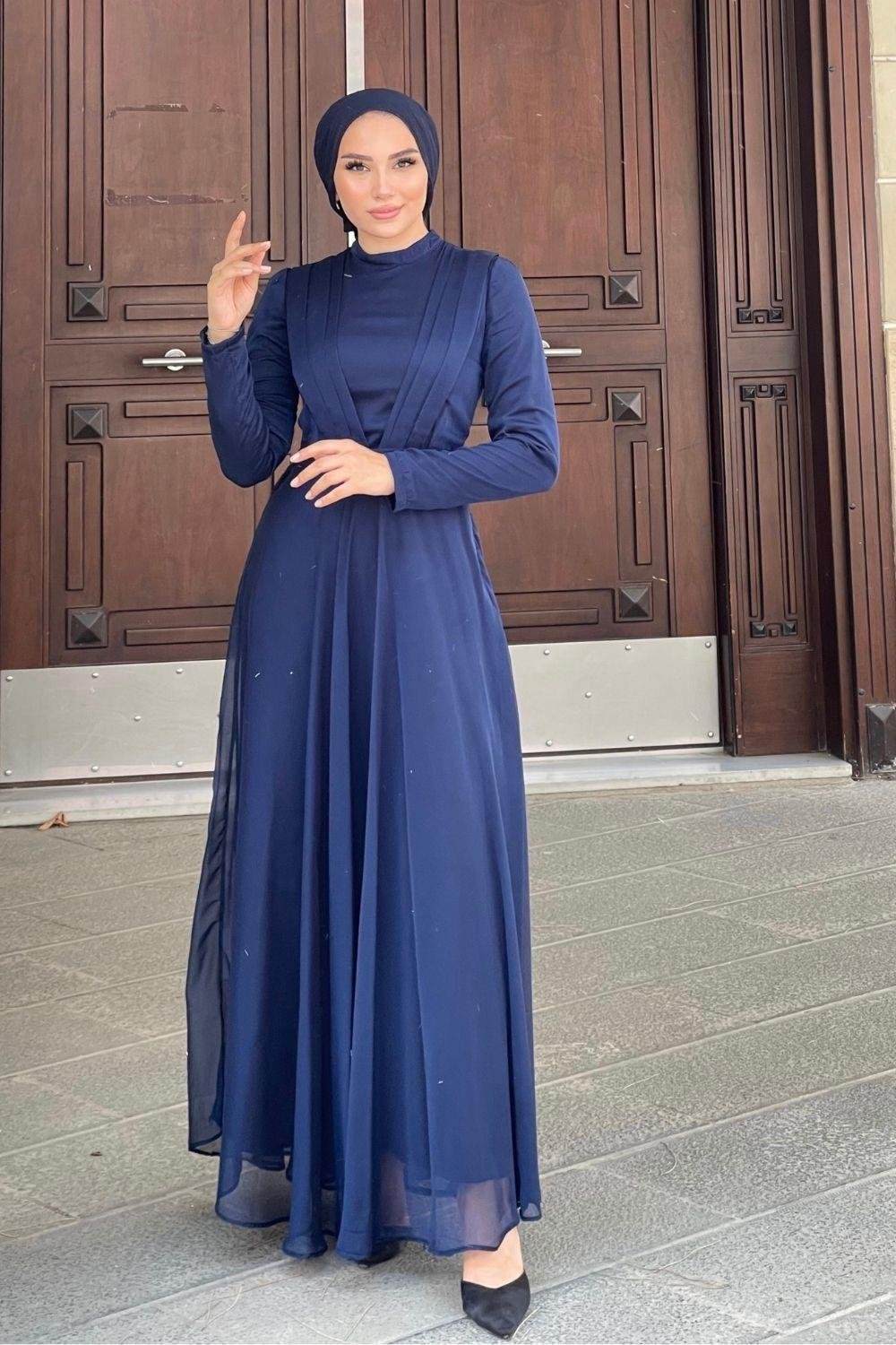 Çift Drapeli Janjan Abiye Lacivert 5025 