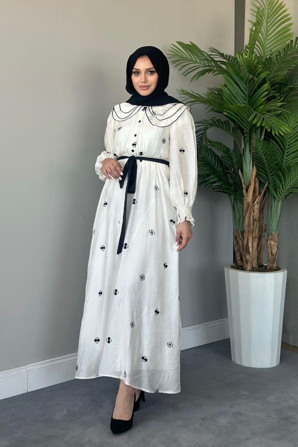 Kolları Gipeli Desenli Elbise Ekru 5074 