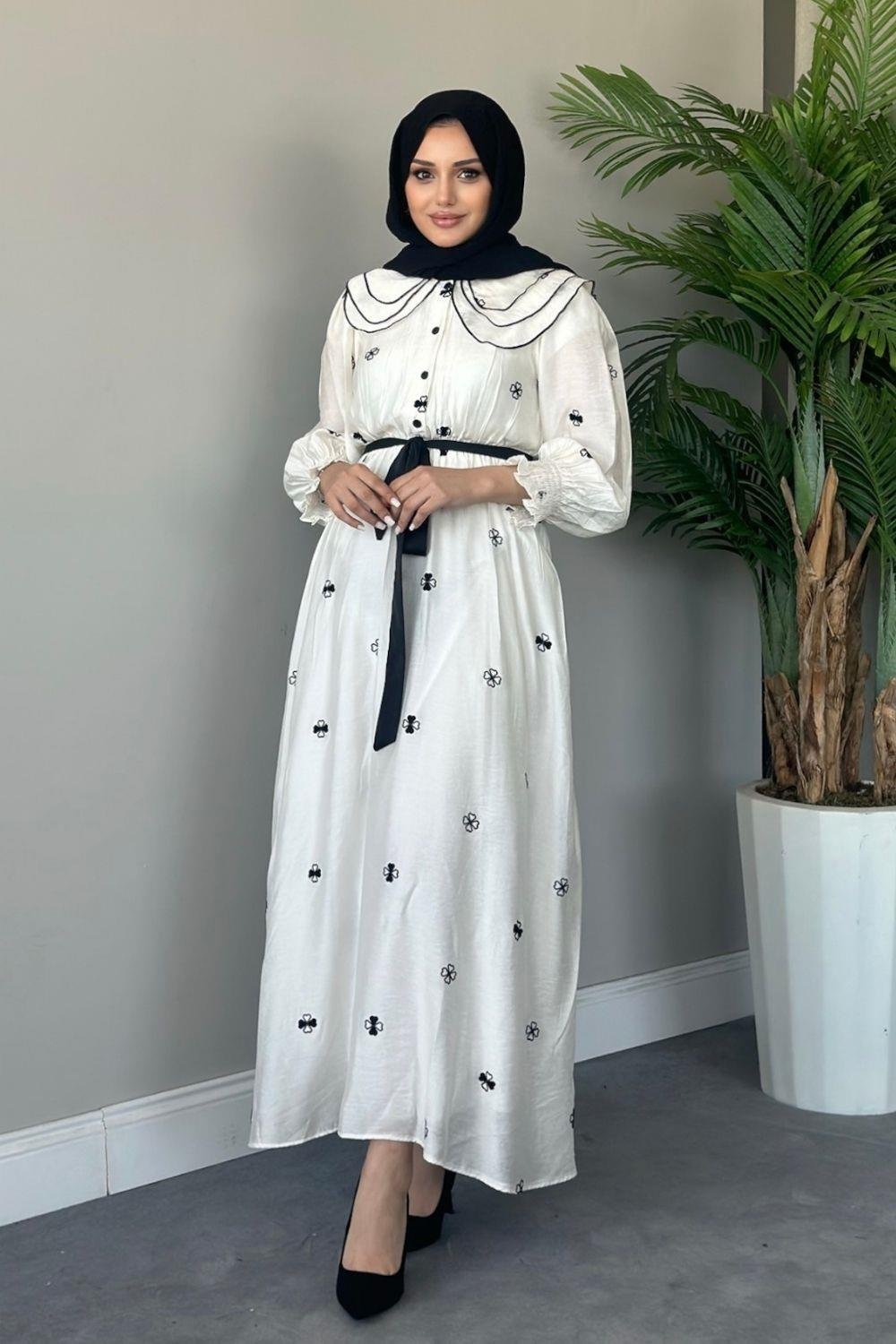 Kolları Gipeli Desenli Elbise Ekru 5074 