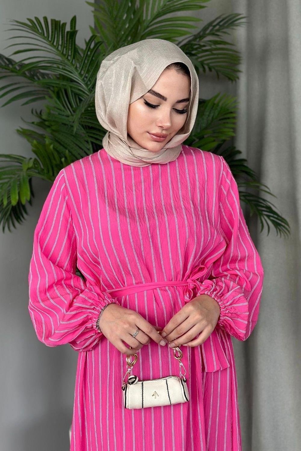 Çizgili Elbise Pembe 5096 