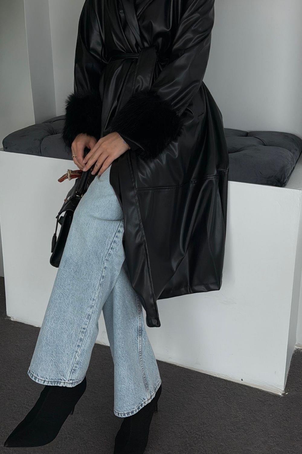 Mualla Kürklü Deri Trençkot Siyah 51006 