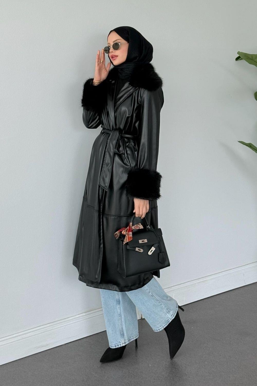 Mualla Kürklü Deri Trençkot Siyah 51006 