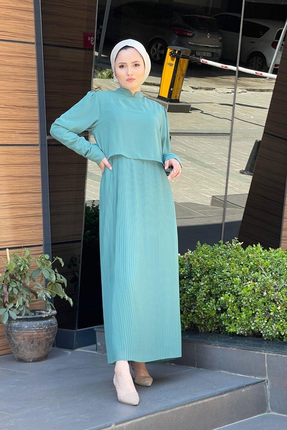 Üstü Dökümlü Altı Pileli Elbise Mint 5130 